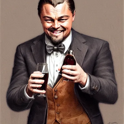 Prompt: leonardo dicaprio from django laughing and holding a sherry, highly detailed, intricate, digital painting, artstation, sharp focus, illustration, art by jakub rozalski, greg rutkowski, artgerm, tan zi and ayanamikodon and alphonse mucha and wlop