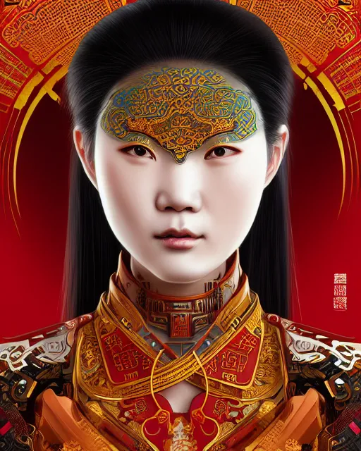 Image similar to portrait of a chinese cyberpunk machine, machine face, upper half portrait, decorated with chinese opera motifs, regal, asian, fine china, wuxia, traditional chinese art intricate intense elegant 京 剧 highly detailed digital painting artstation concept art smooth sharp focus illustration, art by artgerm and greg rutkowski alphonse mucha 8 k