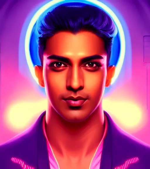 Image similar to symmetry!! indian prince of technology, solid cube of light, hard edges, product render retro - futuristic poster scifi, lasers and neon circuits, brown skin handsome indian prince, intricate, elegant, highly detailed, digital painting, artstation, concept art, smooth, sharp focus, illustration, dreamlike, art by artgerm