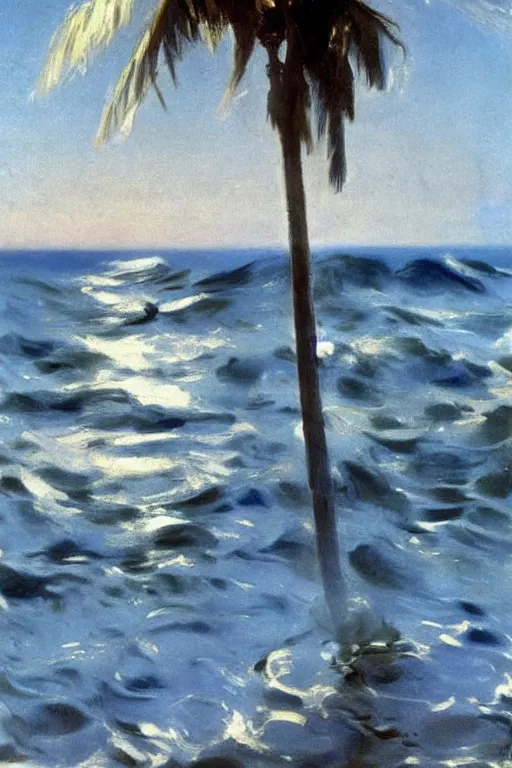 Image similar to the sun shining in the background, beach, spray of roses on the sea surface, a palm, painting by john singer sargent