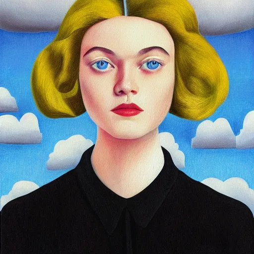 Prompt: professional painting of Elle Fanning in the style of Rene Magritte, head and shoulders portrait, symmetrical facial features, smooth, sharp focus, illustration, intricate, stormy weather, extremely detailed masterpiece,