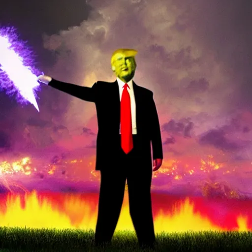 Image similar to burning donald trump casting fireballs, colorful hd picure, lightning in the background