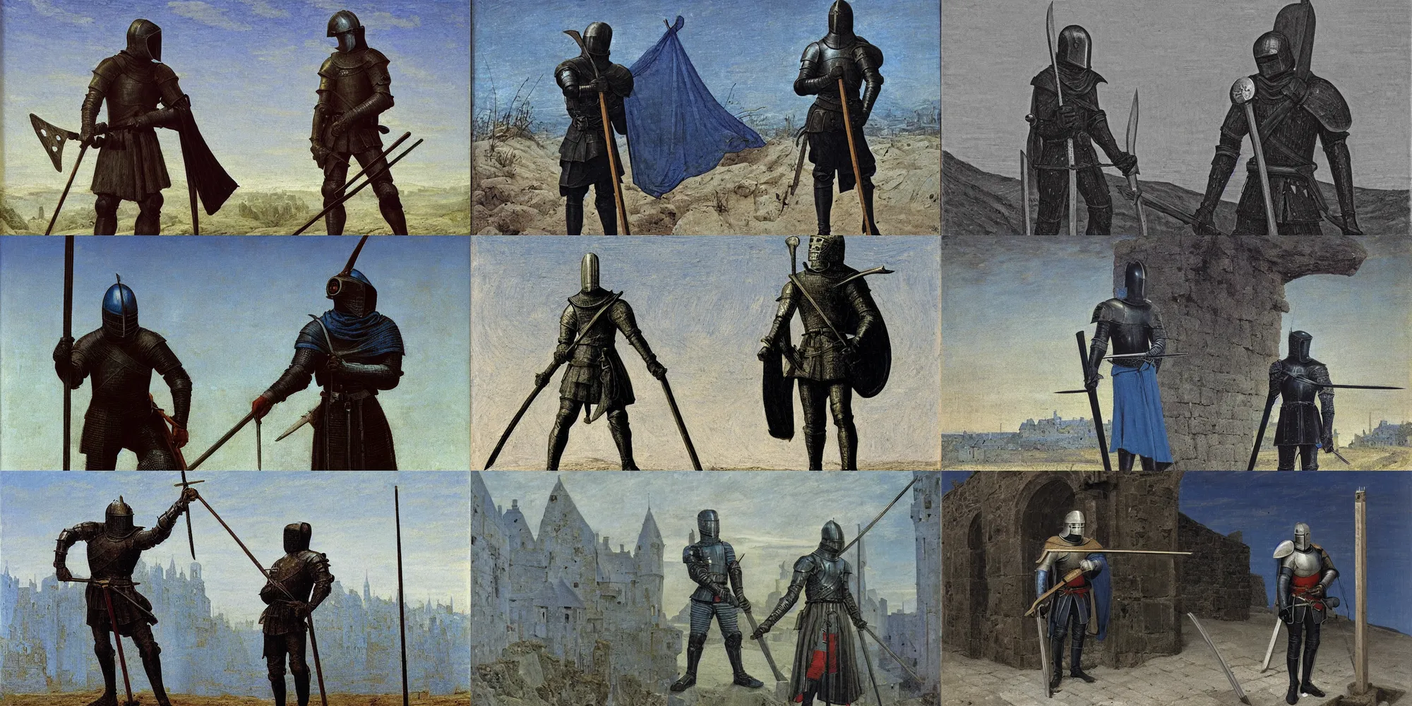 Prompt: medieval knight with a modern crowbar tool, blue tint, by caspar david friedrich