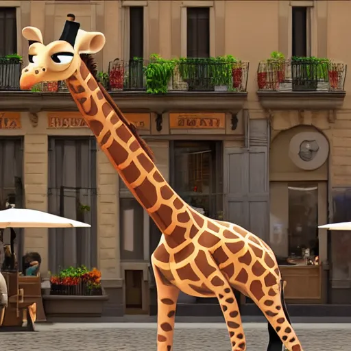 Image similar to a giraffe with big eyes looking for a cup of coffee in beautiful morning café in Paris. Pixar Disney 4K 3d render funny animation movie Oscar winning trending on ArtStation and Behance. Ratatouille style.