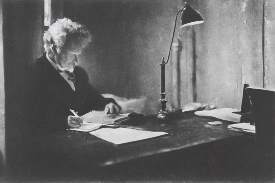 Image similar to wet plate photograph, august strindberg writing alone at a secretary desk in a small viennese apartment, night time, alone, lamplight, victorian era, depth of field, very detailed, highly accurate, intricate