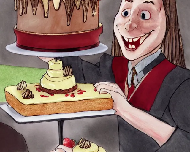 Image similar to Forrest gump eating a cake in hogwarts, digital art, highly detailed, in the style of Irina French