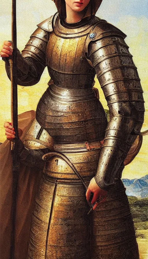 Image similar to beautiful female knight,oil painting in renaissance style,very detailed