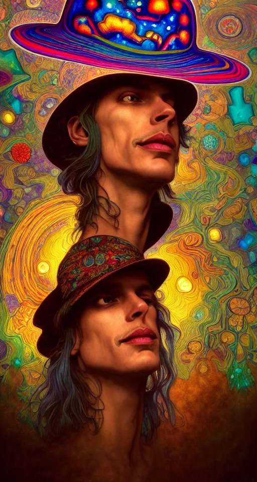 Image similar to An extremely psychedelic celestial smiling Larry Harvey white fedora hat, colorful, surreal, dramatic lighting, magic mushrooms, psilocybin, LSD, detailed, intricate, elegant, highly detailed, digital painting, artstation, concept art, smooth, sharp focus, illustration, art by Krenz Cushart and Artem Demura and alphonse mucha