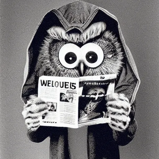 Image similar to close - up anthropomorphic owl in a hoodie, holding a magazine, 9 0 - s fashion, polaroid photo, by warhol,