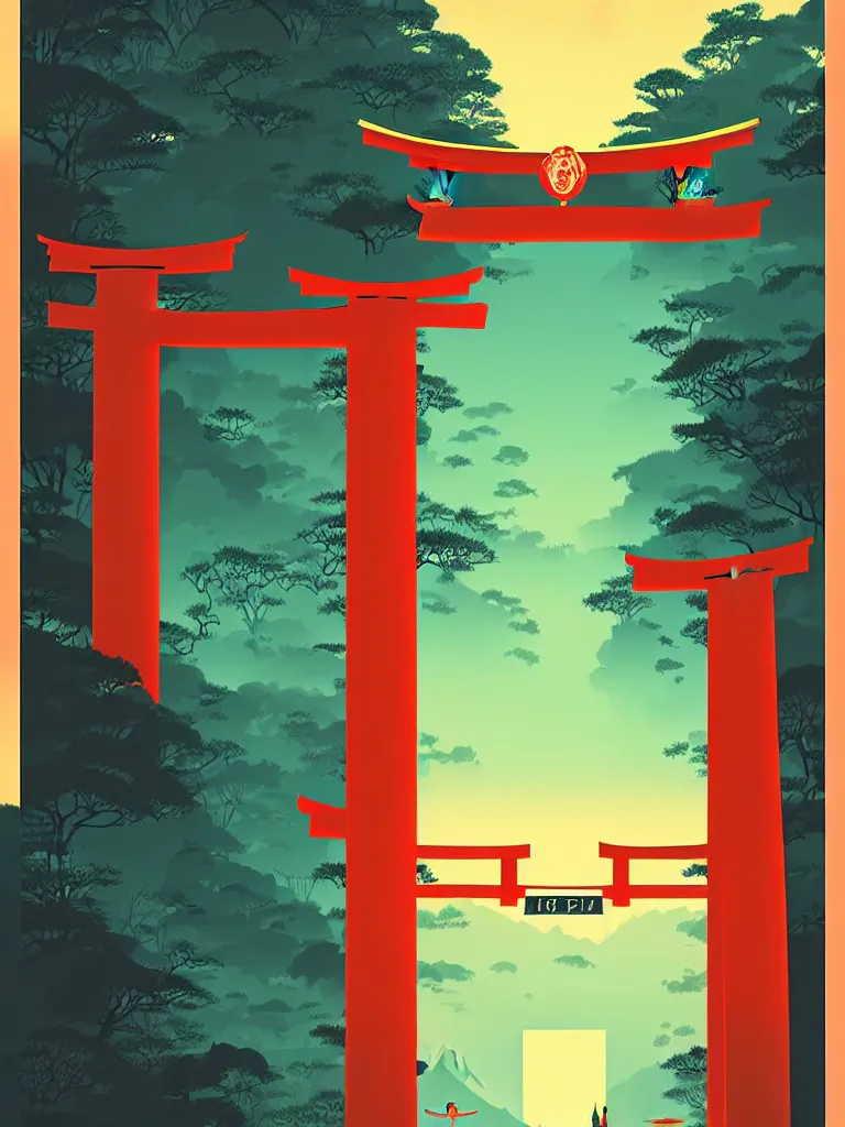 Image similar to a travel poster illustration depicting a japanese torii gate, vintage style, detailed illustration, digital painting, vector art, trending on artstration, by anton fadeev, by alena aenami