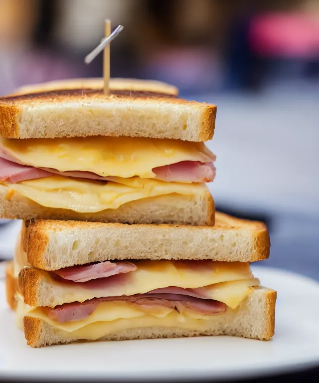 Image similar to high quality presentation photo of a ham & cheese sandwich, photography 4k f1.8 anamorphic bokeh 4k Canon Nikon