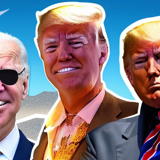 Prompt: photo of evil Joe Biden attending burning man with ecofeminist Donald Trump and a catboy Nick Land, photorealism, extremely detailed, soft lightning, playa, HD