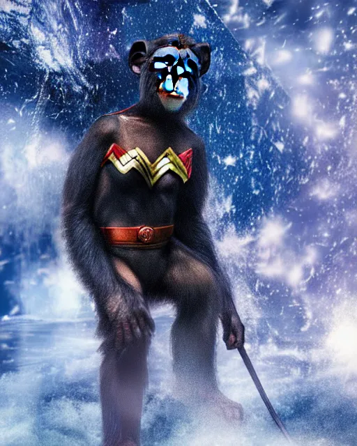 Image similar to photo of a Chimpanzee dressed as Wonder Woman standing in Superman’s Crystalline fortress of Solitude. Photography in the style of National Geographic, photorealistic