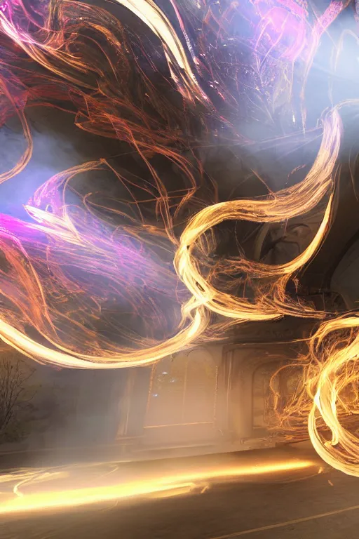 Image similar to swirling light streaks and ornate flowing smoke streams and smooth particle effects, fume fx, unreal engine