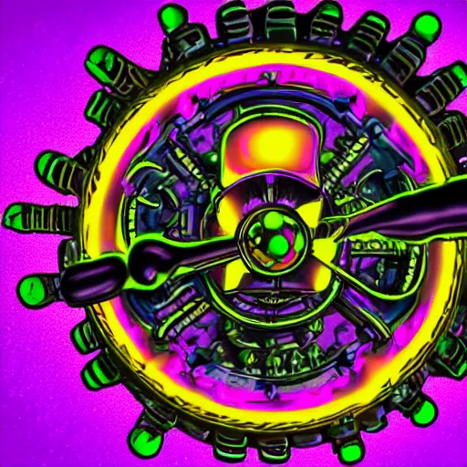 Image similar to sticker of a rock band, name is tripmachine, on the sticker is a 3 d render of a huge futuristic steampunk generator with gears and trippy music instruments, 8 k, fluorescent colors, halluzinogenic, multicolored, exaggerated detailed, silk screen art