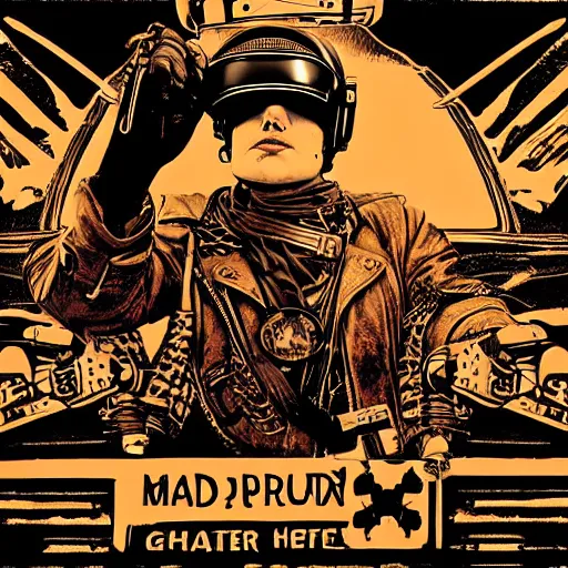 Image similar to Illustrated by Shepard Fairey and H.R. Geiger | Steampunk Mad Max with VR helmet, surrounded by cables