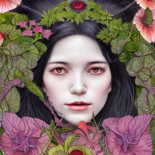 Image similar to marceline the vampire queen, exterior botanical garden, portrait face, colorful, frantisek kupka, intricate, miles johnston, kuroda seiki, cynical realism, ozabu, john william godward, painterly, yoshitaka amano, moebius, miles johnston, louise zhang, james jean, mark ryden lowbrow pop surrealism art style