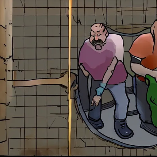 Prompt: found footage of lars and bill, the scientists, emerging from the sewers, guilty