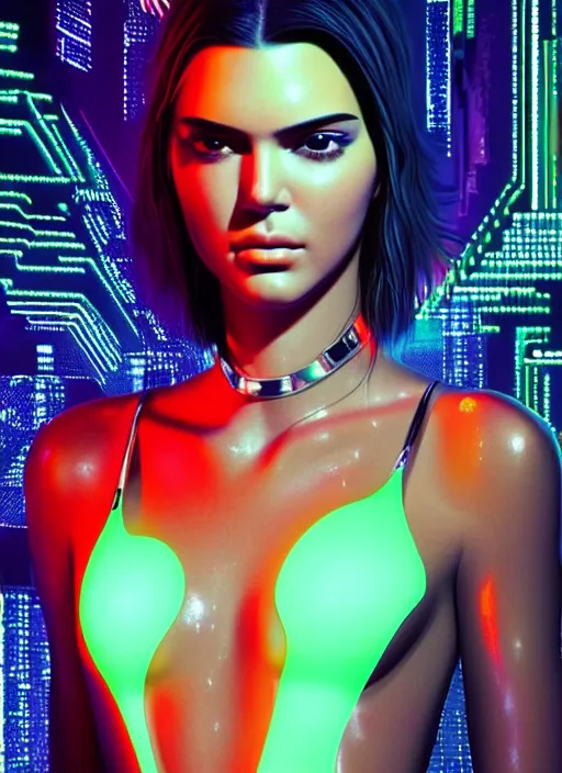 Prompt: a sensual kendall jenner humanoid with freckles cheeks, cyber neon lighting, futurism, intricate futuristic jewelry accessories, cyberpunk glossy latex swimsuit, profile posing, hyper photorealistic, crispy quality, digital photography, trending in artstation, trending in pinterest, cinematic, 4 k ultra hd, art by pascal blanche, art by greg rutkowski,