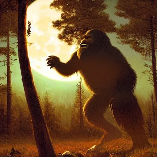 Prompt: UHD photorealistic Bigfoot playing electric guitar under a full moon, by Greg Rutkowski and Albert Bierstadt