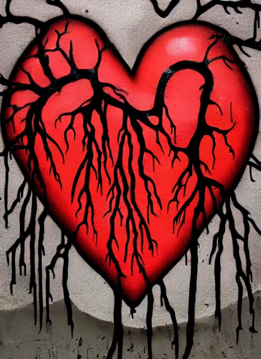 Prompt: dripping anatomical human heart with roots growing above it, sadness, dark ambiance, concept by godfrey blow, graffiti by banksy, featured on deviantart, sots art, lyco art, artwork, photoillustration, poster art, black and red