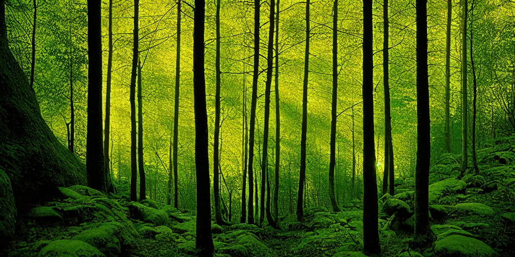 Image similar to lush north european mountainous broadleaf deciduous forest, against light, glare, bright details, contrasting, daylight, highly detailed, by dieter rams 1 9 9 0, national geographic magazine, reportage photo, natural colors