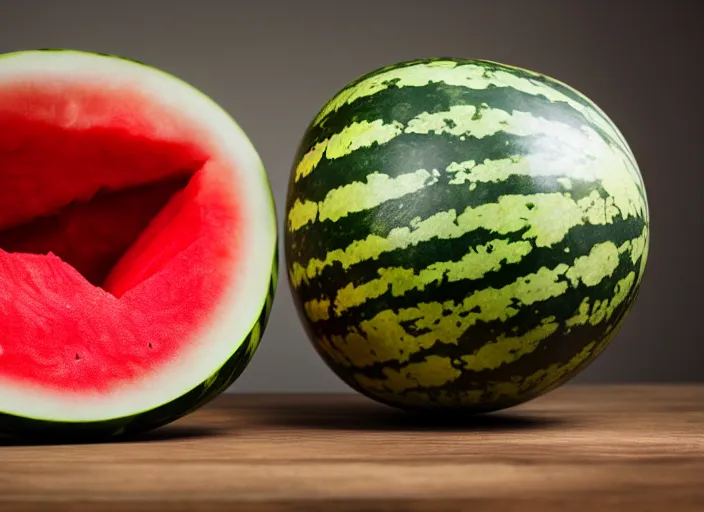 Image similar to photo still of a watermelon with human teeth, 8 k, studio lighting bright ambient lighting key light, 8 5 mm f 1. 8