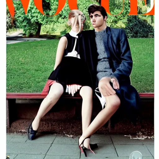 Prompt: a couple sitting on a park bench, vogue cover