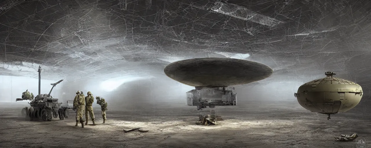 Prompt: engineer repairs special flying saucer full of modern military equipment, in the hall of area 55, high detail, ground fog, wet reflective ground, saturated colors, by Darek Zabrocki, render Unreal Engine-H 800