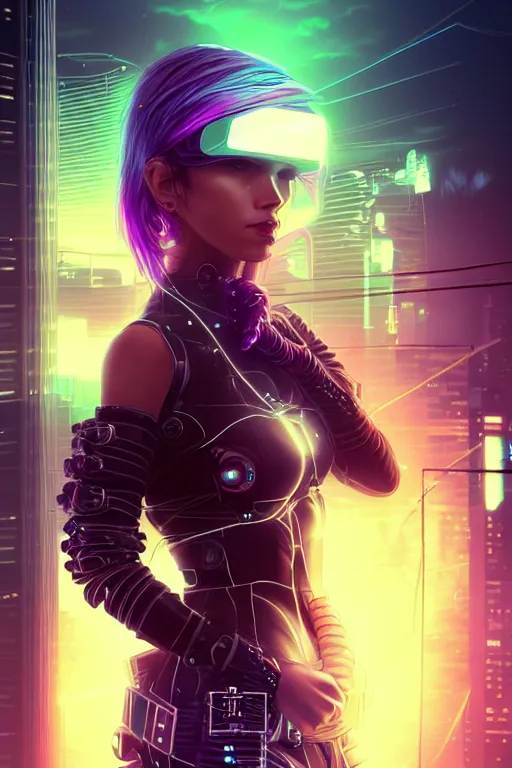 Image similar to portrait futuristic stylish cyberpunk young female pirate, in futuristic stormy electric flashing tokyo rooftop cyberpunk night, ssci-fi, fantasy, intricate, very very beautiful, elegant, neon light, highly detailed, digital painting, artstation, concept art, soft light, hdri, smooth, sharp focus, illustration, art by tian zi and craig mullins and WLOP and alphonse mucha