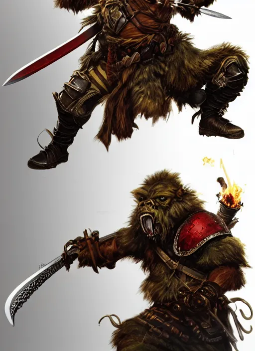 Image similar to photorealistic bugbear ranger holding sword on fire, magic, black beard, dungeons and dragons, pathfinder, roleplaying game art, hunters gear, jeweled ornate leather and steel armour, concept art, character design on white background, by sargent, norman rockwell, makoto shinkai, kim jung giu, artstation trending, poster art, colours red