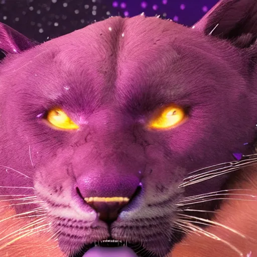 Image similar to closeup of a purple panther roaring at the moon. forest. night. large moon in the center. trending on artstation. cinematic. photoreal. dark colors.