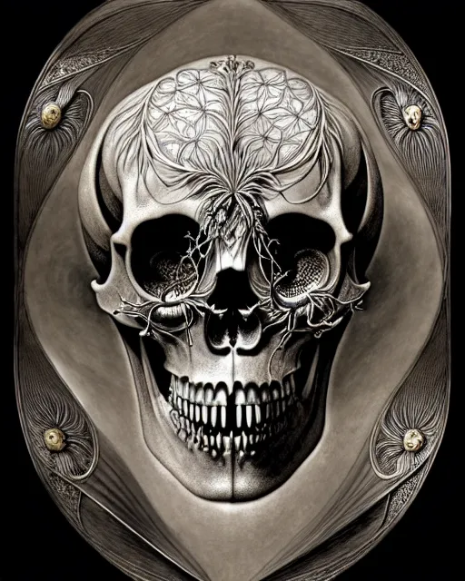 Image similar to art forms of nature by ernst haeckel, memento mori by arthur rackham, ornate antique porcelain beautiful skull mask, ultrasharp, photorealistic, hyperdetailed, octane render, polished, art nouveau, neo - gothic, gothic, intricate ornamental organic filigree, art nouveau botanicals, art forms of nature by ernst haeckel, horizontal symmetry, symbolist, visionary