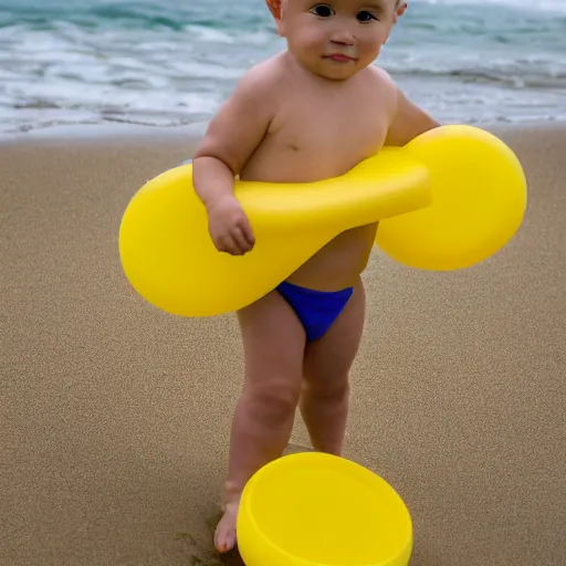 Image similar to a little boy on the beach, yellow floaties, XF IQ4, f/1.4, ISO 200, 1/160s, 8K, RAW, unedited, symmetrical balance, in-frame