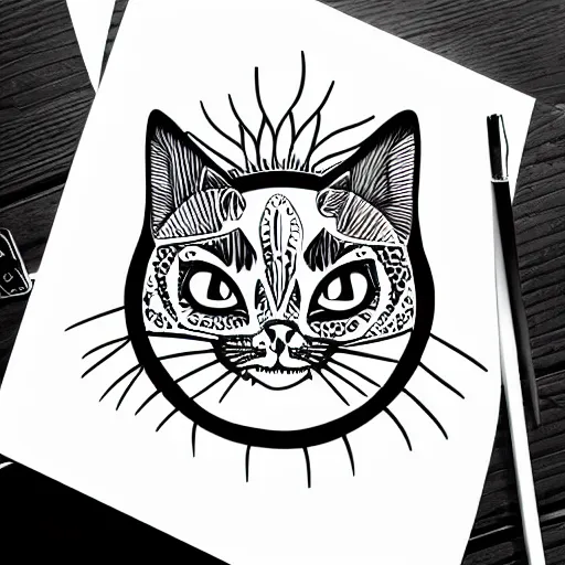 Image similar to tattoo sketch of a cat hugging the sun, on a canva, minimalism, ornamental, line art, vector,