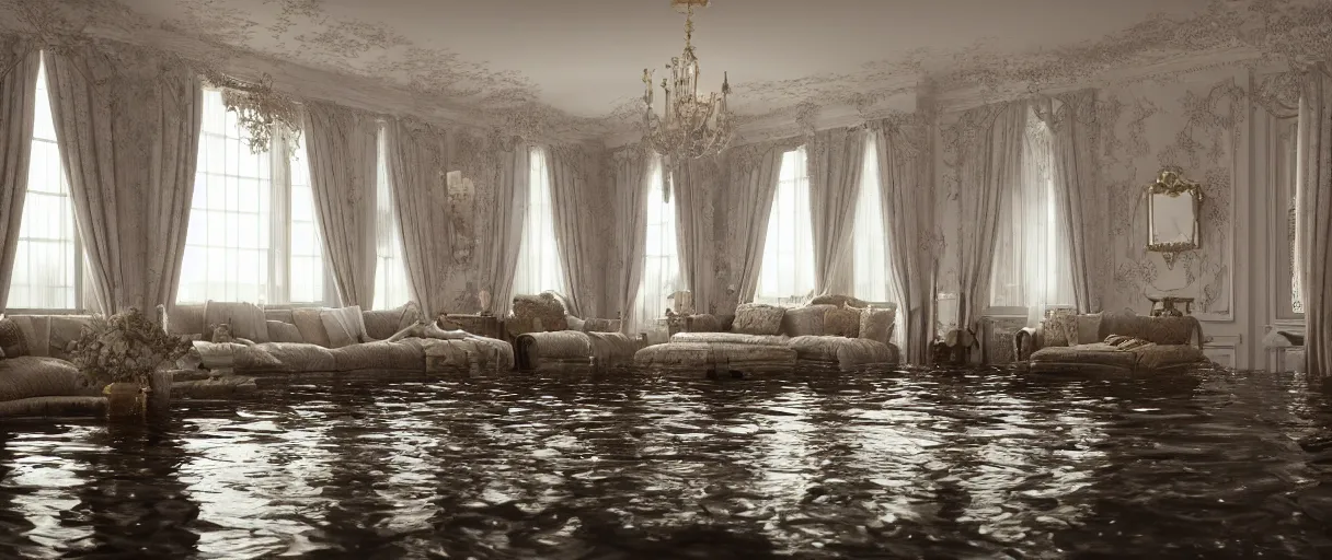 Image similar to decorative empty victorian livingroom flooded with water, octane render, 8k, artstation, concept art, smooth, sharp focus