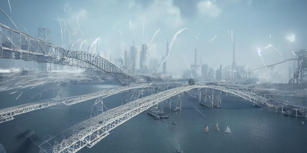 Prompt: explosions in the form of realistic white cotton plants on harbour bridge, huge white cotton everywhere on the destroyed harbour bridge, smooth, sharp focus, highly detailed, 3 d octane render, epic lighting, lots of white cotton, 8 k, by beeple