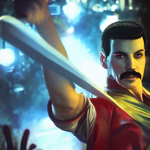 Prompt: freddy mercury as ken street fighter, ultra realistic, concept art, intricate details, highly detailed, photorealistic, octane render, 8 k, unreal engine, art by frank frazetta, simon bisley, brom