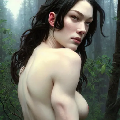 Image similar to stoya portrait of forest gog, female, clear face, masculine, body, muscular, fantasy, intricate, elegant, highly detailed, digital painting, artstation, concept art, matte, sharp focus, illustration, art by artgerm and greg rutkowski and alphonse mucha