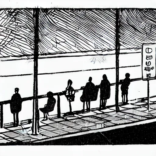 Prompt: a some people waiting in a lone bus stop in quiet dark city night, chiaroscuro ink pen european comics,high quality, high resolution,detailed