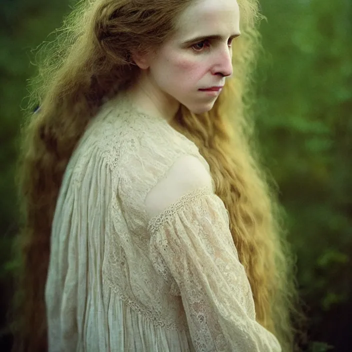 Prompt: Kodak Portra 400, 8K, warm and soft lighting, volumetric lighting, highly detailed, brit marling style 3/4 ,portrait photo of a beautiful woman how pre-Raphaelites painter, inspired by Julie Dillon , a beautiful lace dress and hair are intricate with highly detailed realistic beautiful flowers , Realistic, Refined, Highly Detailed, natural outdoor soft pastel lighting colors scheme,faded colors, outdoor fine art photography, Hyper realistic, photo realistic