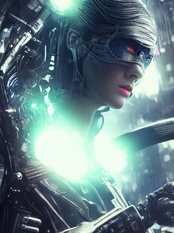 Image similar to portrait art of 8k ultra realistic retro futuristic ninja, lens flare, atmosphere, glow, detailed,intricate,blade runner, cybernetic, full of colour, cinematic lighting, trending on artstation, 4k, hyperrealistic, focused, extreme details,unreal engine 5, cinematic, masterpiece, art by ayami kojima, giger