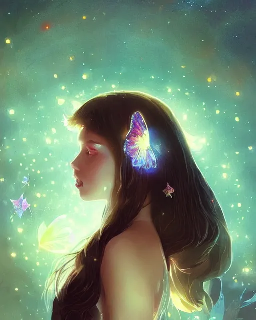 Image similar to a detailed digital art of an attractive!!!! girl with psychedelic! fairy wings sitting under the night sky and holding!! a crystal!! containing all of reality and galaxies, by greg rutkowski artgerm ilya kuvshinov. dramatic lighting, cinematic angle, heavy contrast