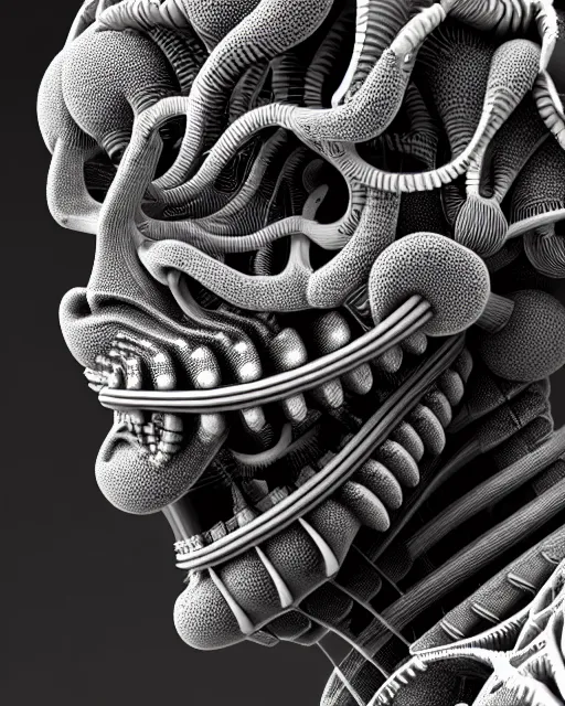 Image similar to mythical black and white organic biomechanical spinal ribbed face portrait detail of mechanical vegetal-cyborg, highly detailed, intricate ornate, 3D render digital art, octane render, 8K artistic photography, photorealistic