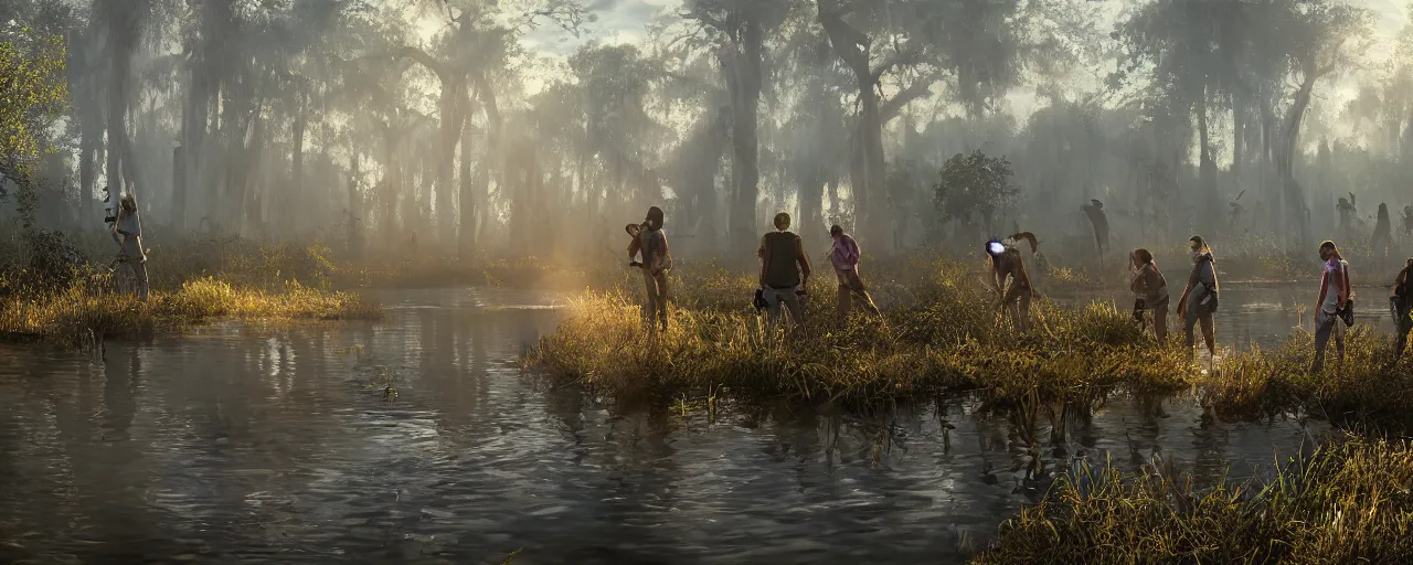 Prompt: A bunch of gamers gaming in a swamp by John Calmette, digital art, realistic volumetric lighting, golden hour, realistic reflections, highly detailed