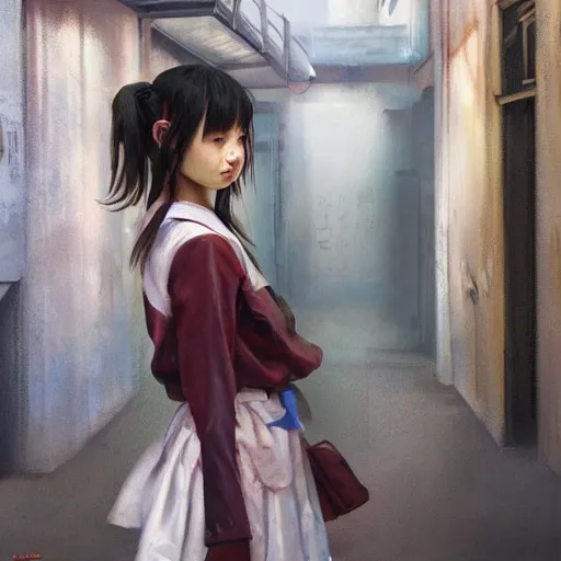 Image similar to a perfect, realistic professional oil painting of a Japanese schoolgirl posing in a dystopian alleyway, style of Marvel, full length, by a professional American senior artist on ArtStation, a high-quality hollywood-style concept