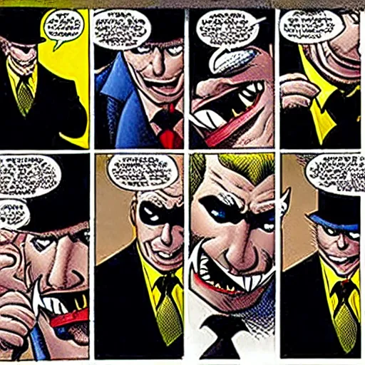 Prompt: drawing gotham city's finest investigative reporter jack ryder with 1 4 tiny jokers all in his mouth, 4 k art by brian bolland, graphic novel art