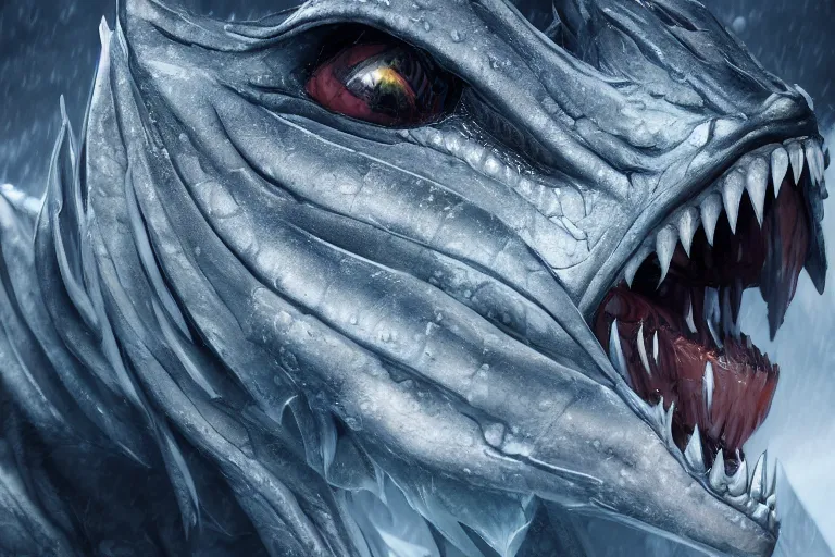 Prompt: cinematic closeup portrait of a roaring lightning dragon, detailed scales, dramatic lighting, icy environment, unreal engine, cgsociety, artstation, 4k