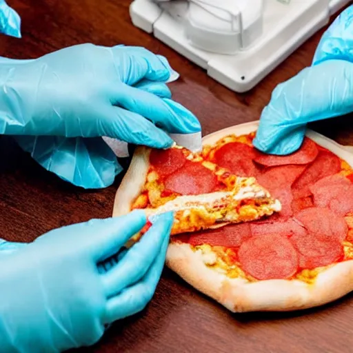 Prompt: surgeons operating on a slice of pizza