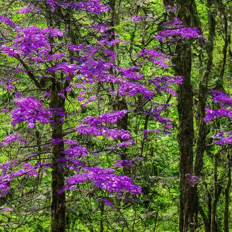 Prompt: tiny seeds float around a fairytale tree with lush purple flowers in a sunny forest glade, radiant morning light